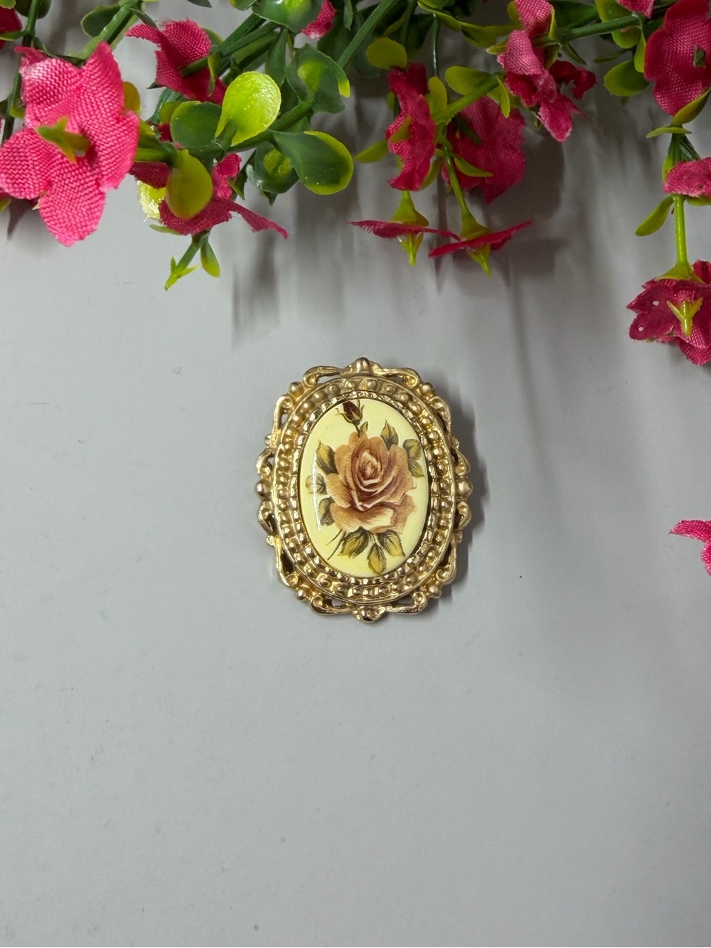 Gorgeous Rose Painting on Ceramic Vintage Scarf Clip